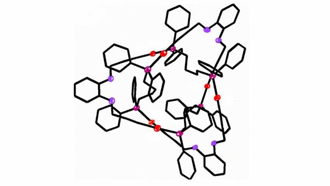 A 2-D simplified illustration of the smallest known molecular knot, a chain of 54 gold, phosphorus, oxygen and carbon atoms crosses itself three times to form a pretzel-like shape.