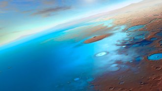 An illustration of a planet with blue watery oceans, reddish land, and an atmosphere, seen from above