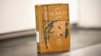 A Victorian-era book titled Mohun is propped up to show it's deep yellow cover, which is decorated by a paler flower with green leaves and vines.