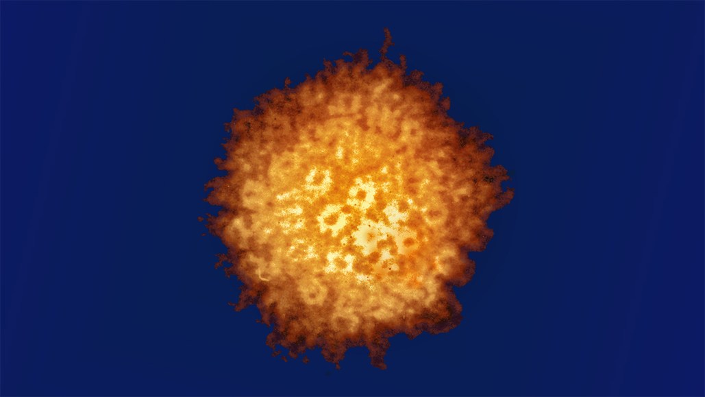 The herpes simplex virus appears as a bumpy orange and yellow sphere on a navy background. A gene drive could be one new strategy to fight infection.