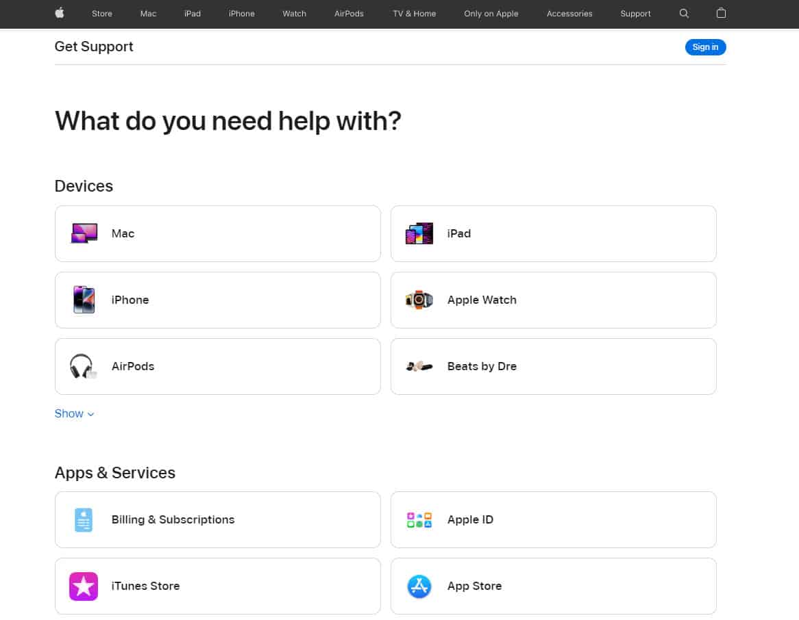 Apple Support Page