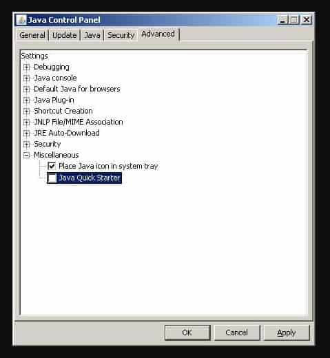 Disable Java Quick Starter