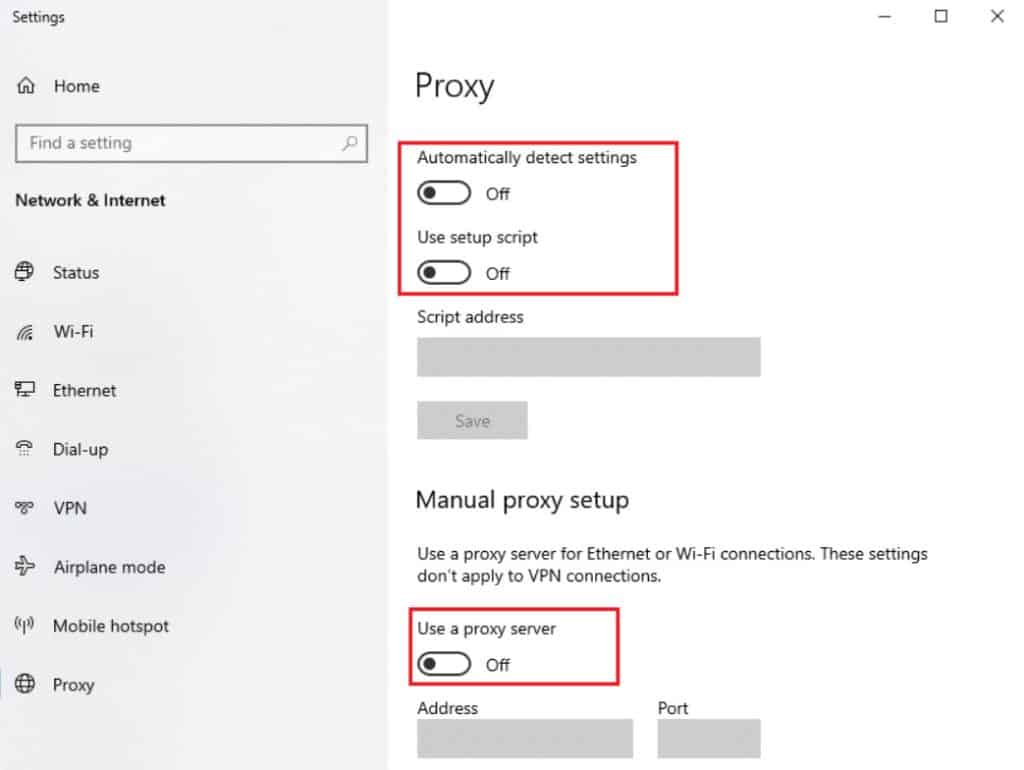 Disable VPN or Proxy