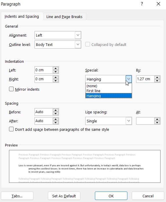 Use Paragraph Format To Do Hanging Indent