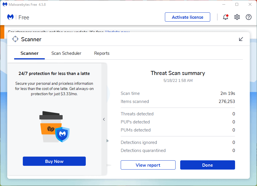 Malwarebytes Free Scan Results