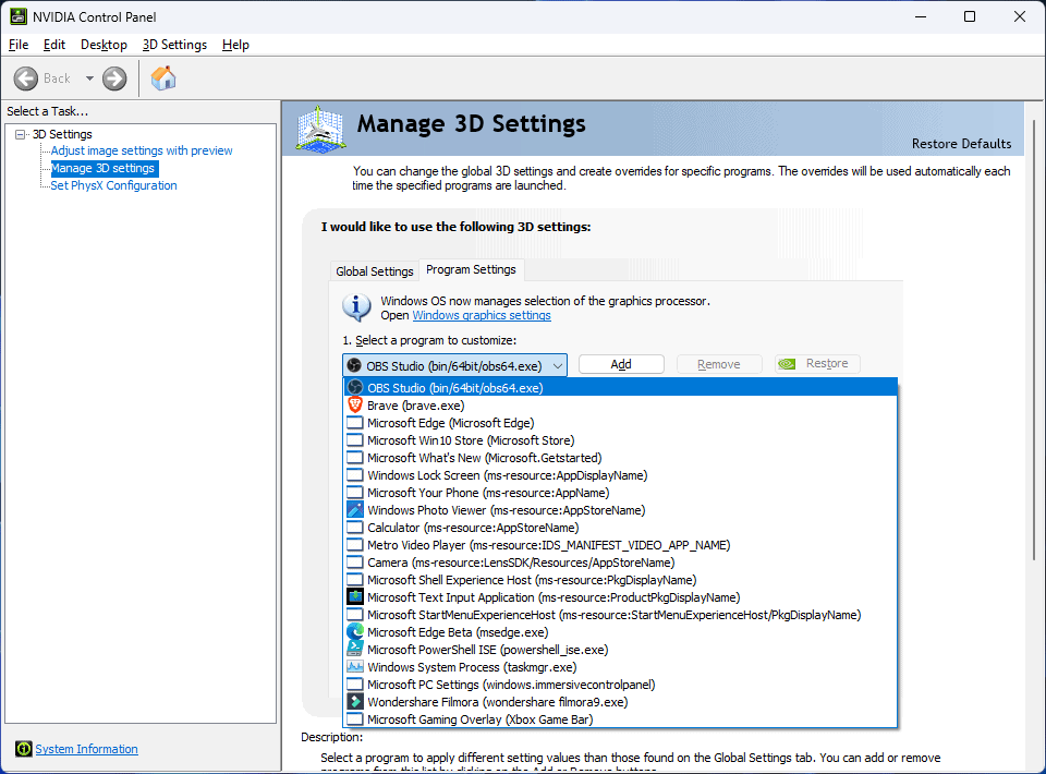 Manage 3D Settings