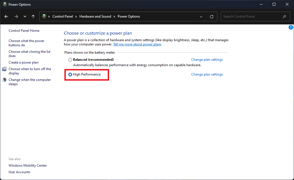 Select High Performance Power Plan