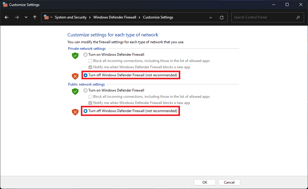 Turn Off Windows Defender Firewall